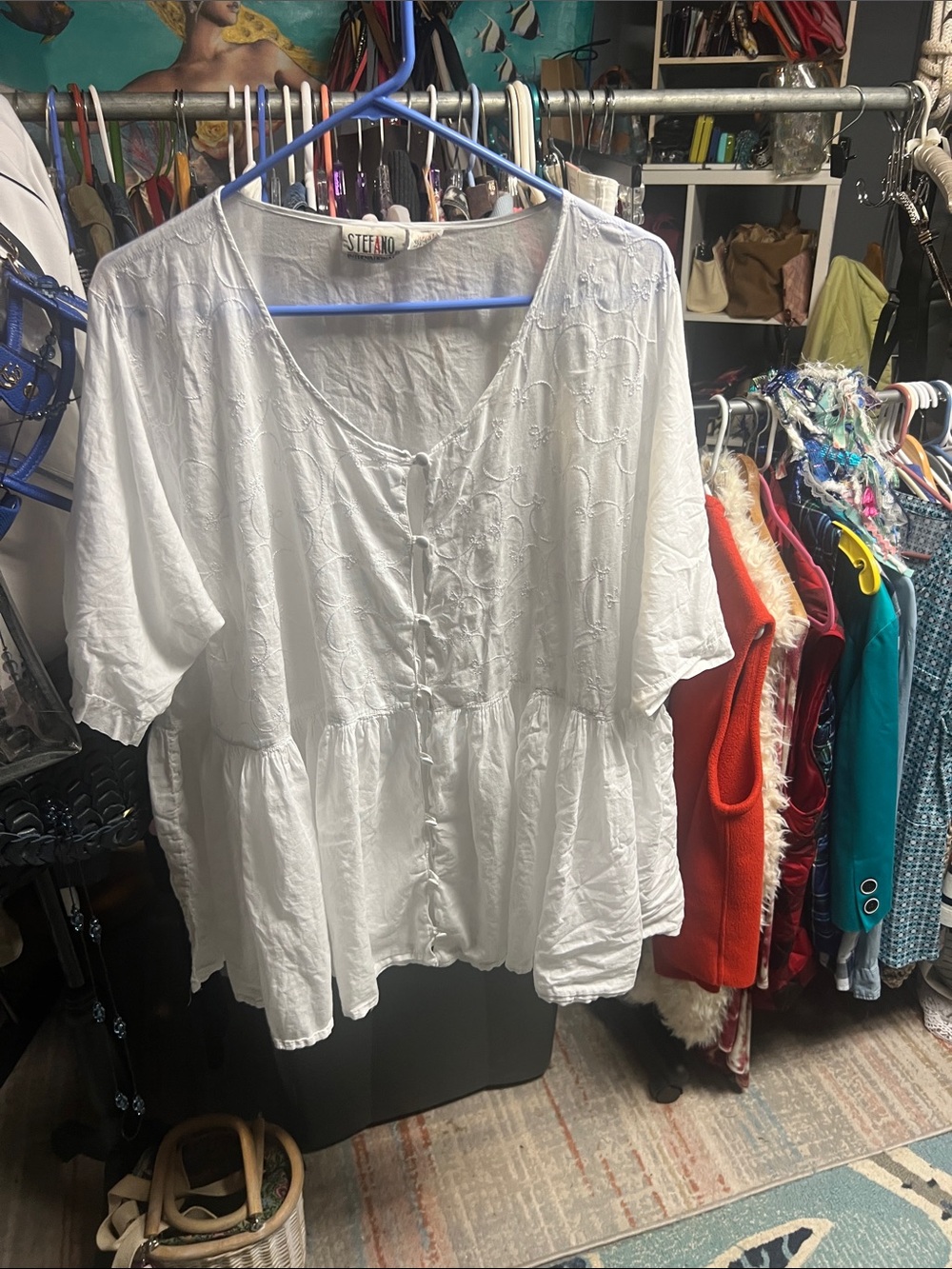 Stefanel White Embroidered Peplum Button-Front Blouse
